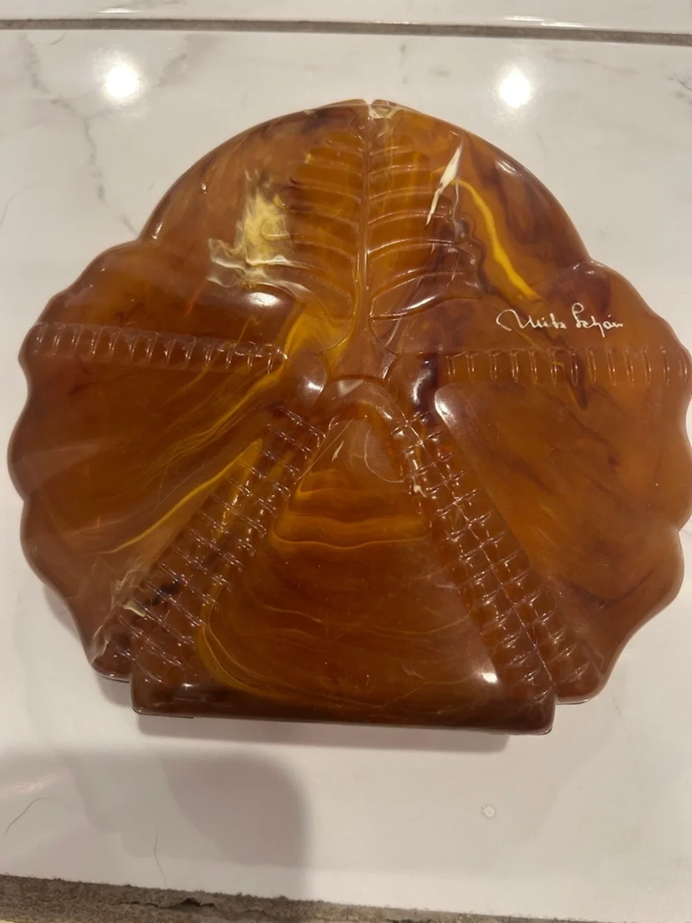Vintage faux tortoise sand dollar powder box  Decorative  Shell Accent - Signed